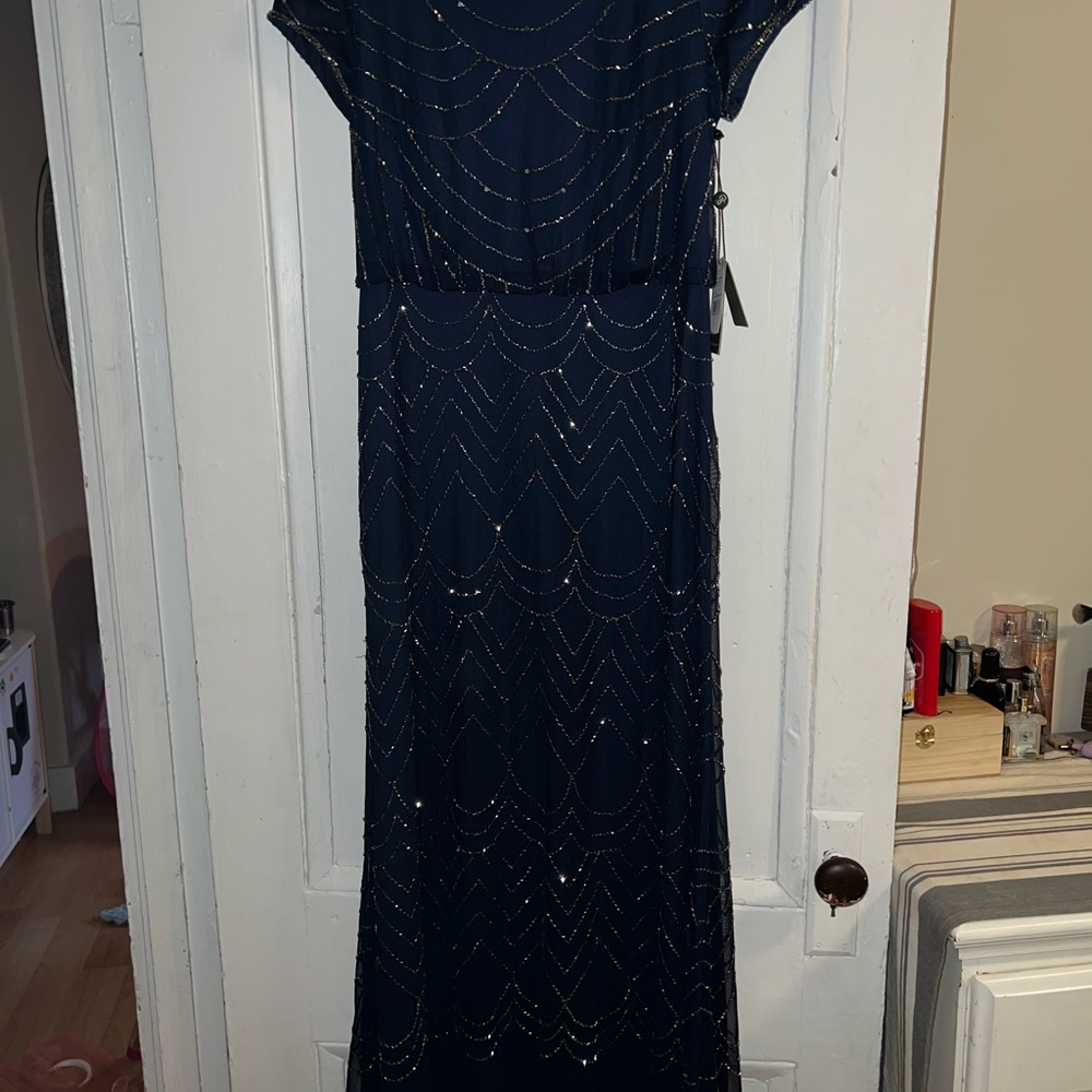 Adrianna Papell Navy Gold Beaded Gown - Picture 6 of 10